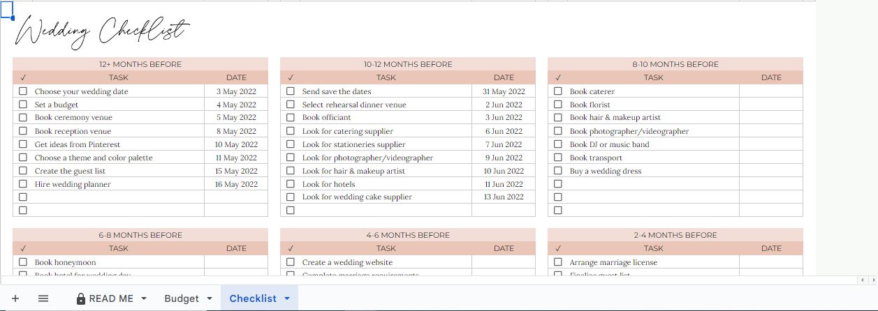 wedding spreadsheet checklist